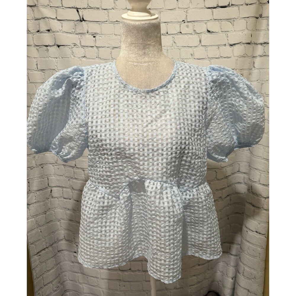 Maeve Anthropologie Blue Sheer Shirt Puff Sleeve Babydoll Top Size Medium